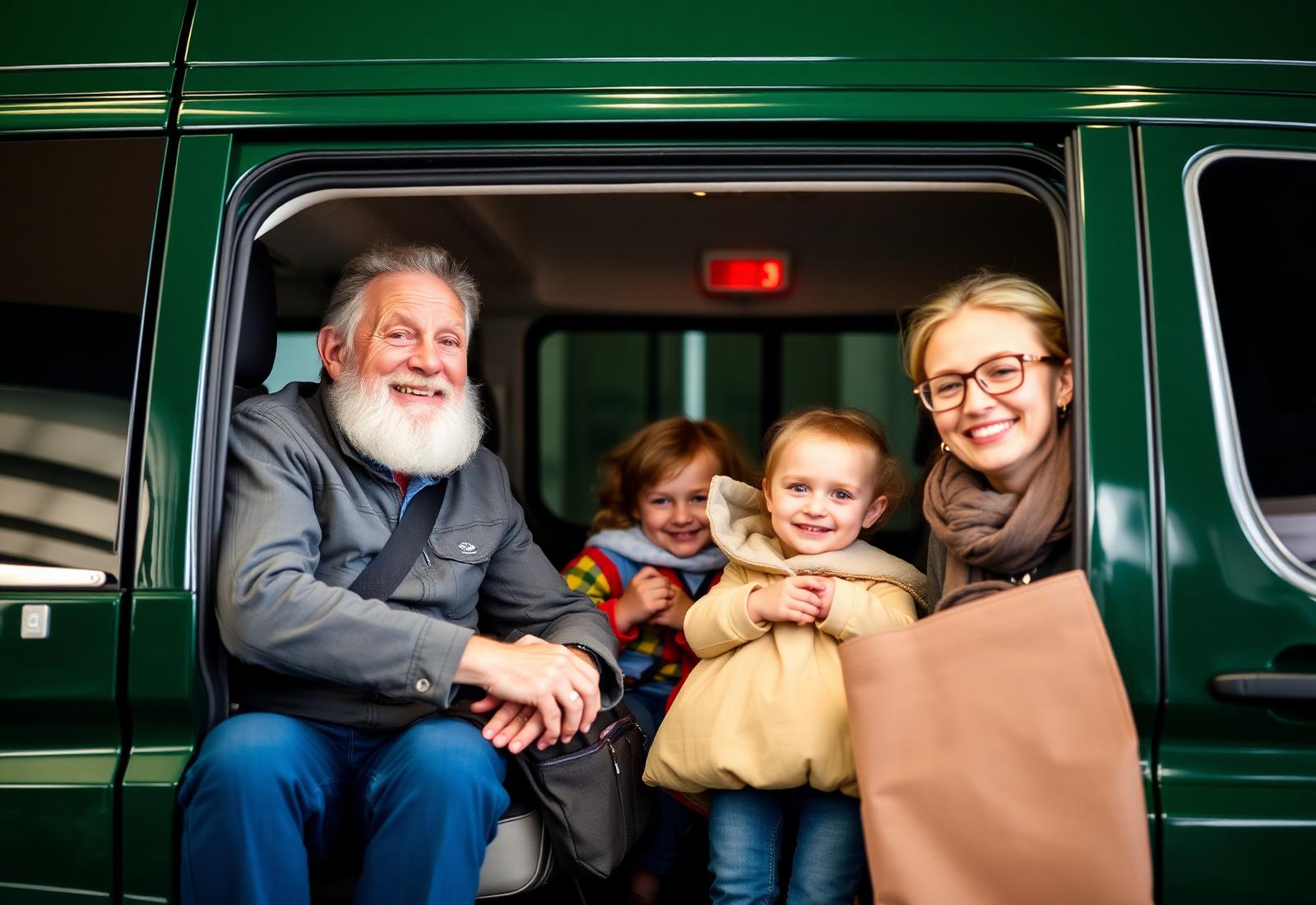 Tevreden passagiers in een De Groene Man Mobility voertuig